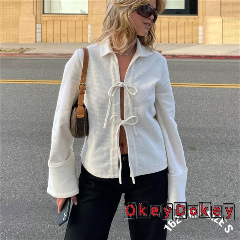 Áo Khoác Cardigan Tay Dài Cổ Bẻ Buộc Dây Phía Trước Màu Trơn Giản Dị Dành Cho Bạn Nữ