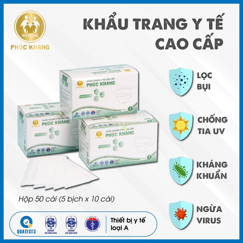 Mô tả Khẩu trang y tế 4 lớp cao cấp PHÚC KHANG có giấy lọc kháng khuẩn màu trắng, hồng hộp 50 cái - MEDICAL - 2