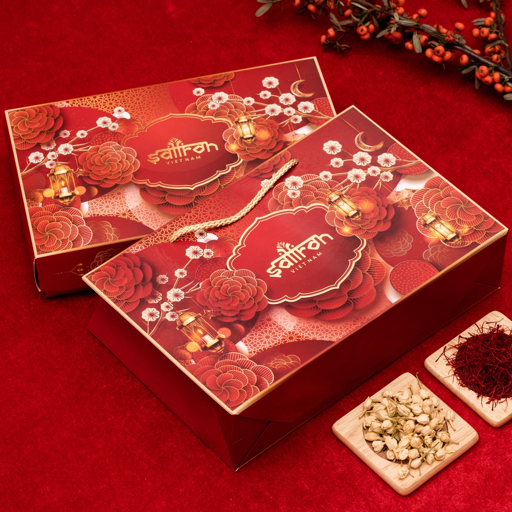 Vỏ hộp quà tết Saffron Việt Nam hình hoa mai kèm túi đựng