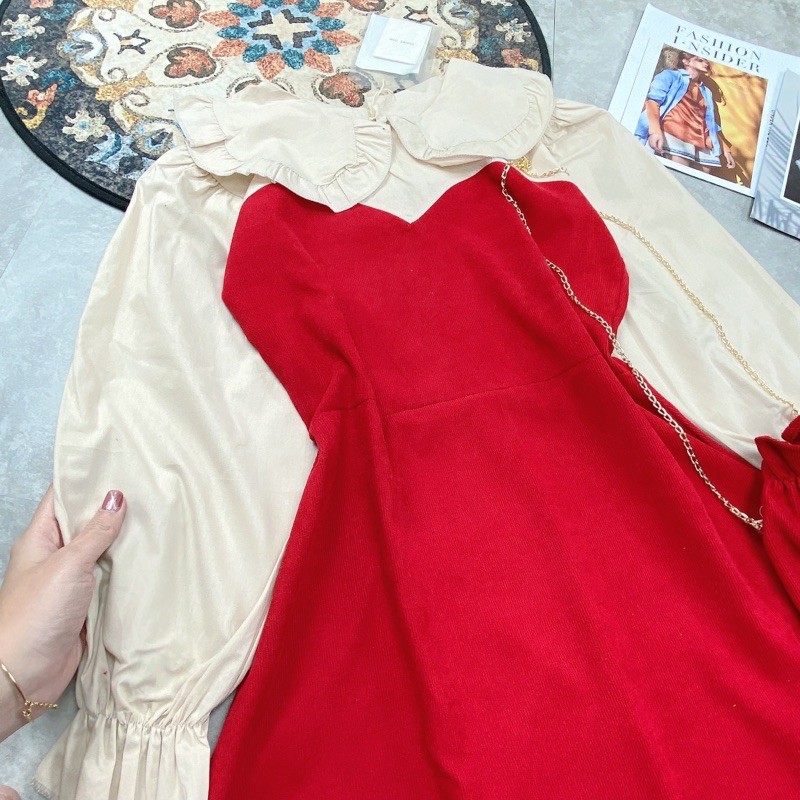 Váy Nhung Cổ Bèo Mix túi