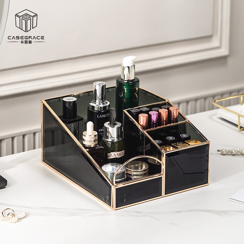 Hộp Đựng Đồ Trang Điểm Đa Năng Bằng Kính Màu Đen Ốp