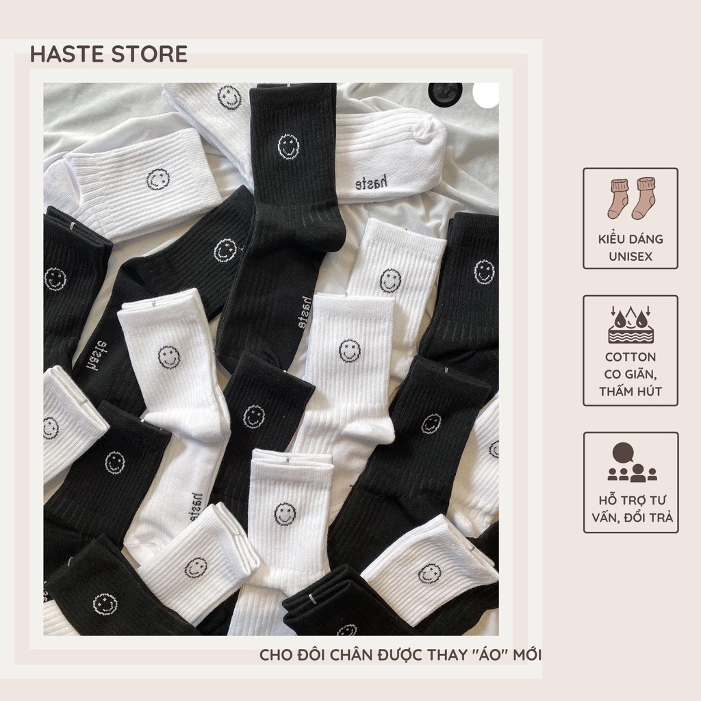 Tất Vớ Cổ Cao Trắng Đen Haste Họa Tiết Mặt Cười Smile Thời Trang Unisex Hàn Quốc