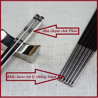 Combo 5 Đôi Đũa PHÚC LÀNH Inox 304 - Hoa Văn Sang Trọng, Chống Trượt