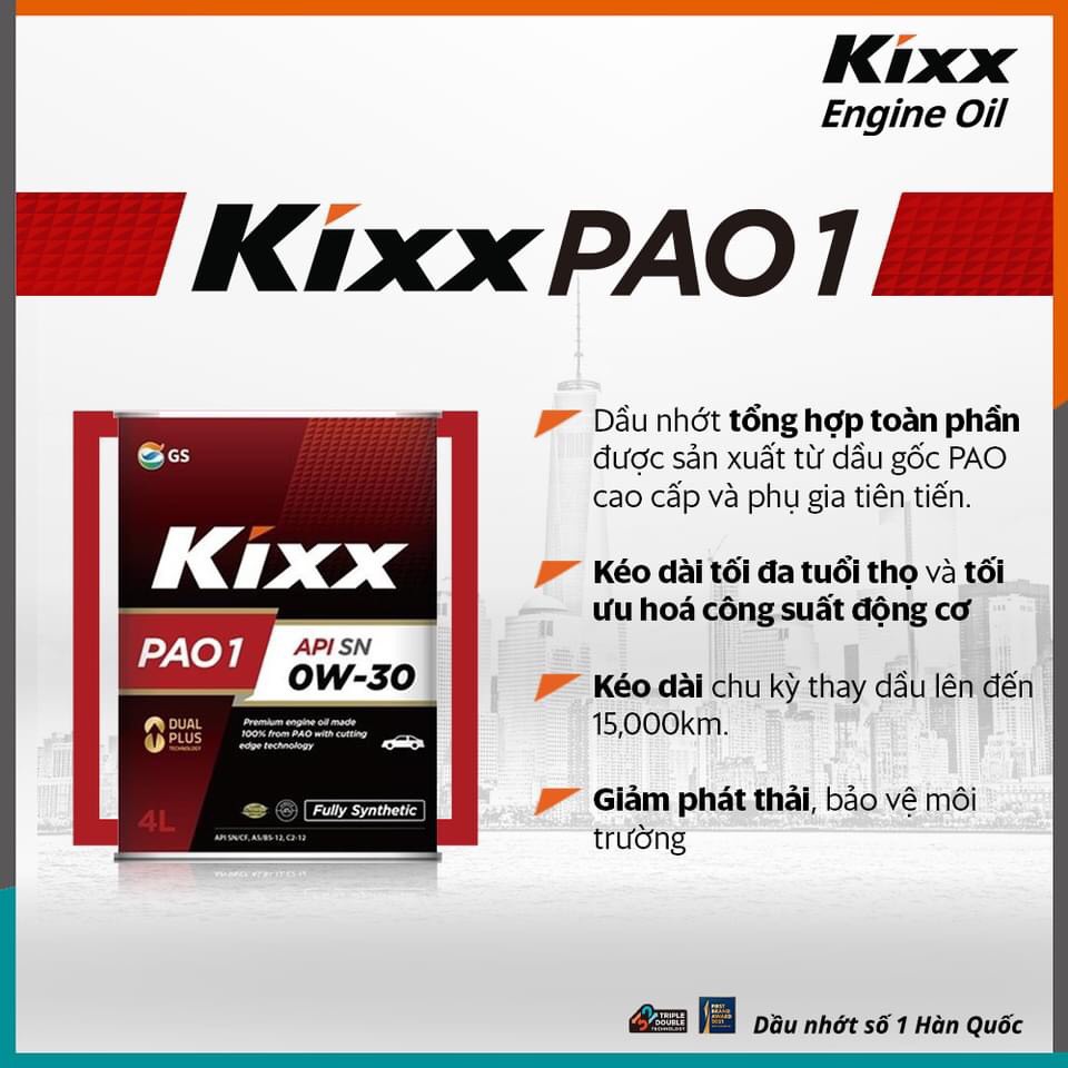 [ CHÍNH HÃNG ] Nhớt ô tô tổng hợp toàn phần Kixx PAO 1 0w30 [ 4L ...