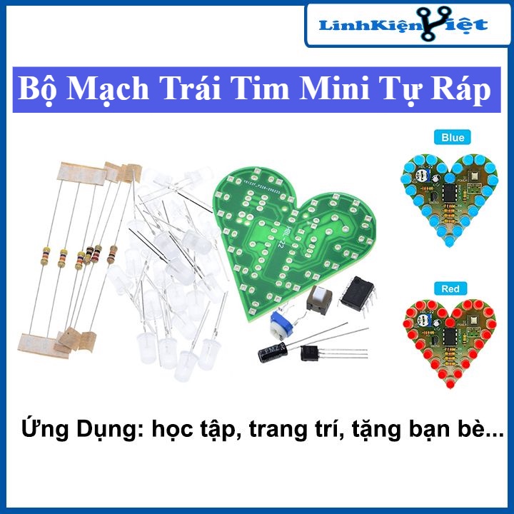 Bộ mạch điện tử trái tim mini tự lắp ráp led 2 màu đỏ/xanh dương ...