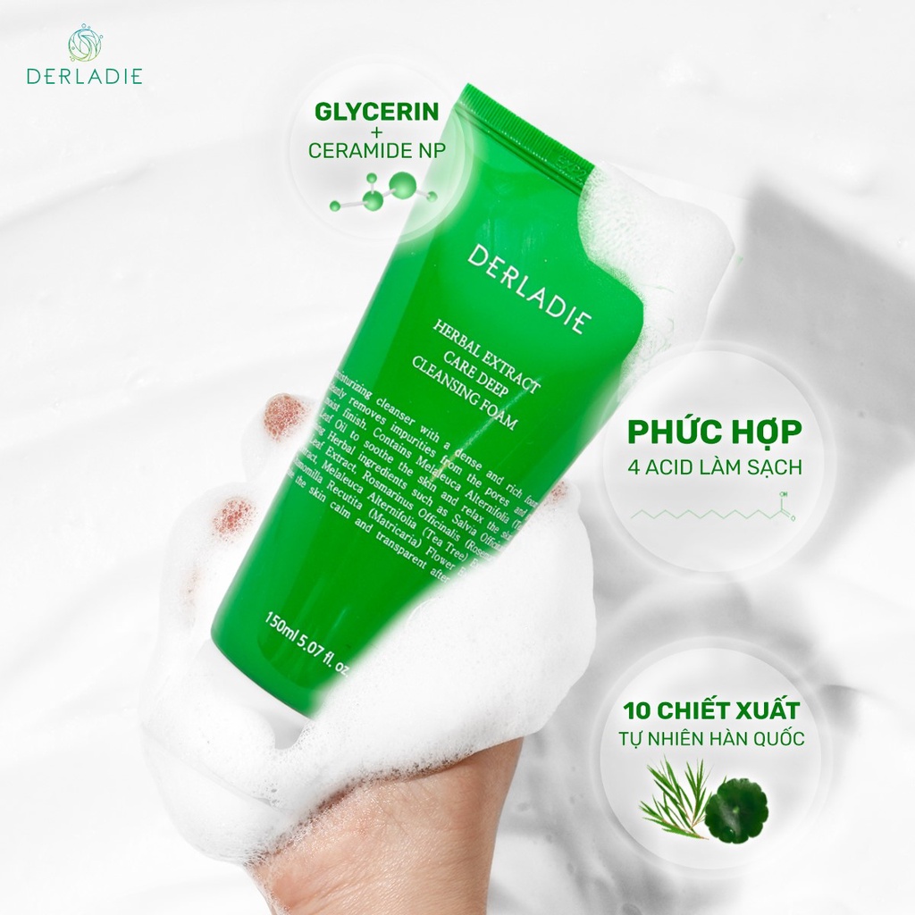 Ảnh Sữa Rửa Mặt Tràm Trà Sạch Sâu, Kiềm Dầu Derladie Herbal Extract Care Deep Cleansing Foam 150ml 4