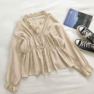 Áo Sơ Mi Nữ Tay Dài Phối Bèo Phong Cách vintage Hàn Quốc