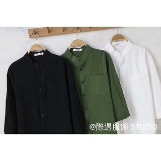 Thời Trang Trơn Phong Cách Cổ Điển Ba Phần Tư Tay Áo Sơ Mi Nam Vải Lanh Cotton Siêu Thoáng Khí Phong Cách Hồng Kông Bông Tai Kẹp Phong Cách Hợp Thời Trang Preppy Áo Sơ Mi Tay Ba Phần Tư Nhật Bản Áo Sơ Mi Cổ Henry