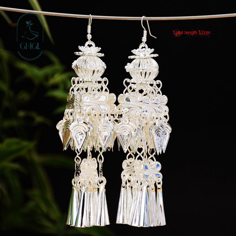 GHGl Đa Dạng Retro Miaodong Hoa Bạc Bông Tai Tua Rua Lụa Phong Cách Dài Sang Trọng Phù Hợp Với Mọi Trận Đấu Có Thể Thay Đổi Mà Không Cần Xuyên Tai Kẹp