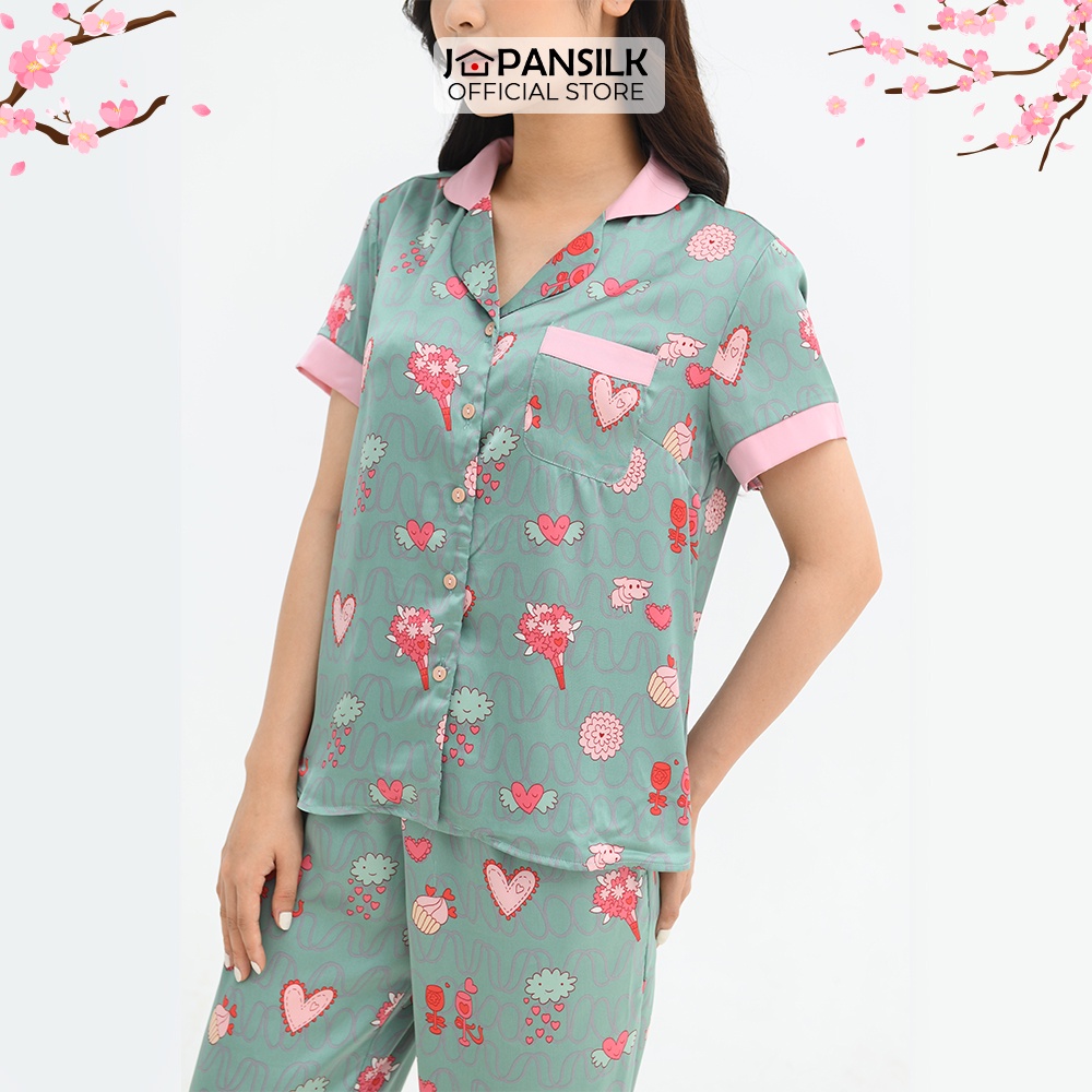 Ảnh Bộ Đồ Ngủ Pijama Lụa Cộc Tay Satin Nhật Cao Cấp Họa Tiết Tranh Vẽ Ấn Tượng JAPAN SILK Chính Hãng 2