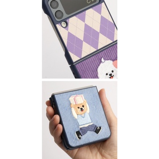 Design Skin / Galaxy Z Flip 4 Flip 3 Corduroy Embroidery Friends Party Phone Case argyle pattern checkered bear puppy bichon blue violet purple green black tiger flip4 fabric