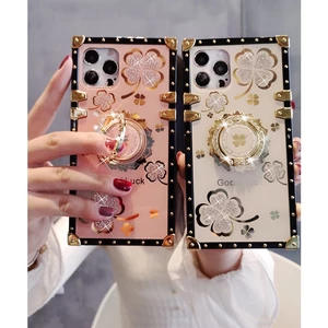 Cho iPhone 16 15 14 PRO MAX 11 12 13 Pro Max 6 6s 7 8 14 15 16 Plus X XS Max XR Thời Trang Sang Trọng Kim Cương Họa Tiết Cỏ Ba Lá Nhẫn Giá Đỡ Điện Thoại