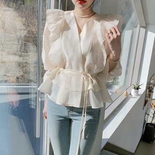 Áo Nữ Tay Dài Cổ Chữ v Phong Cách Hàn Quốc