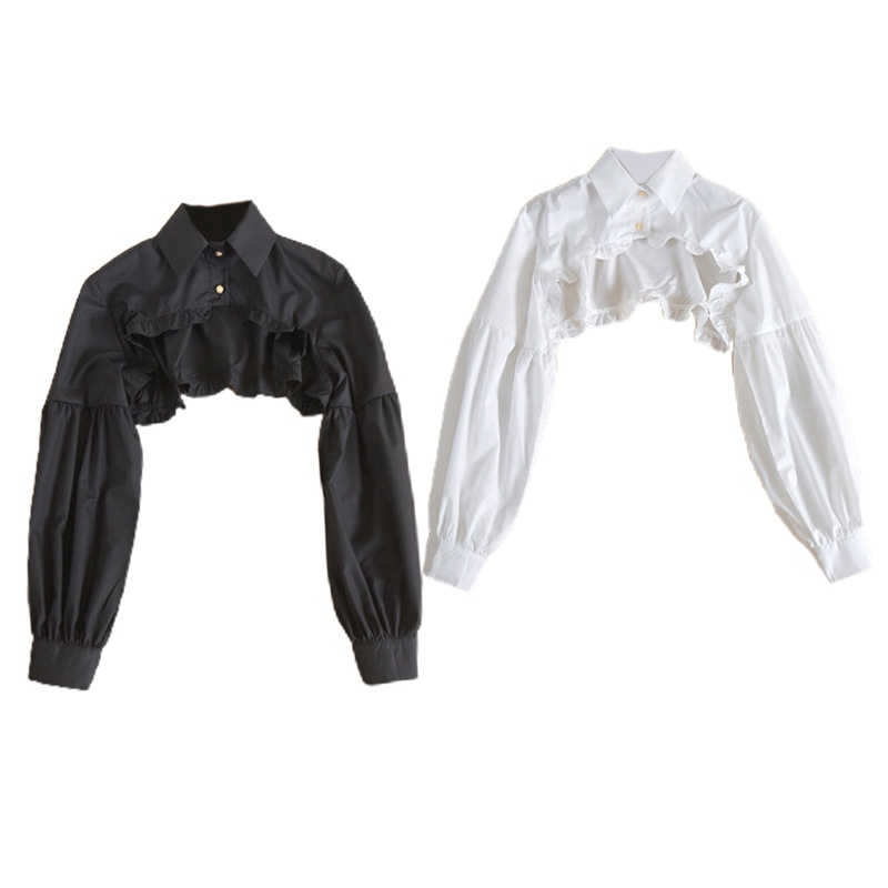 Cổ áo sơ mi giả tay phồng dài viền bèo cài nút vàng có thể tháo rời trang trí áo sweater cho nữ
