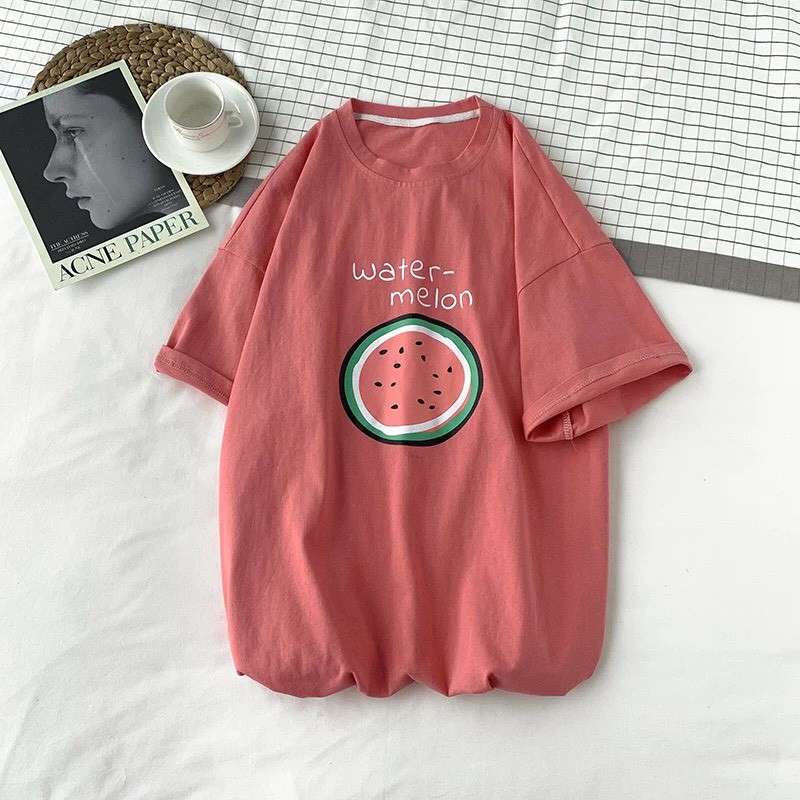 Áo thun unisex nữ tay lỡ form rộng họa tiết trái cây freesize màu đỏ xanh lá vàng nhạt - trái cây