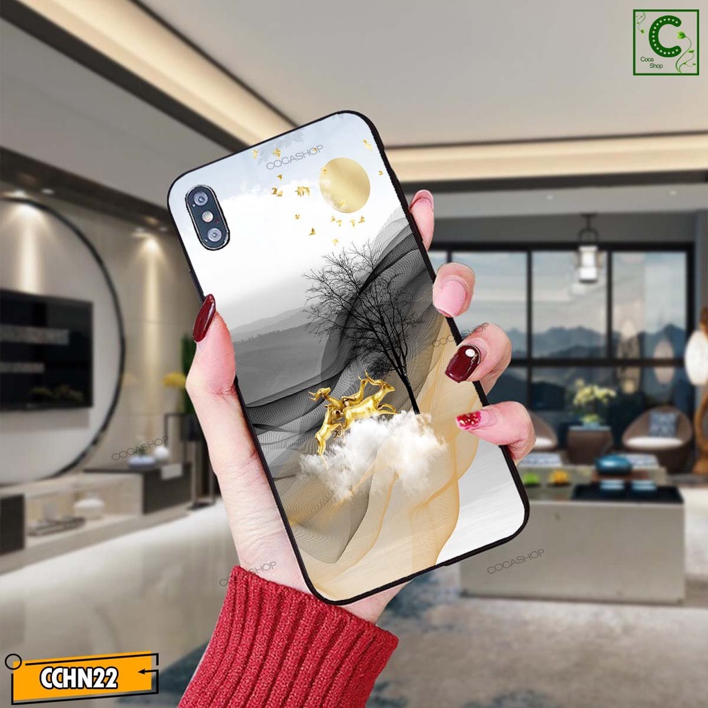 Ốp lưng iphone mặt kính cao cấp  - Hươu vàng tài lộc may mắn cưỡi mây - 6/6plus/6s/6splus/7/7plus/8/8plus/x/.....