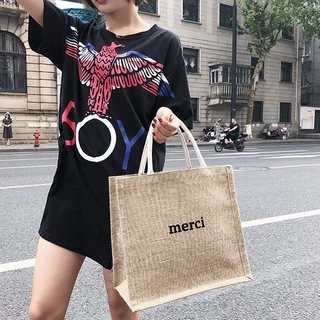 Túi tote cói Merci loại 1 size to Enjoy The Little Things vintage đeo vai chéo đi biển màu nâu trơn iLita