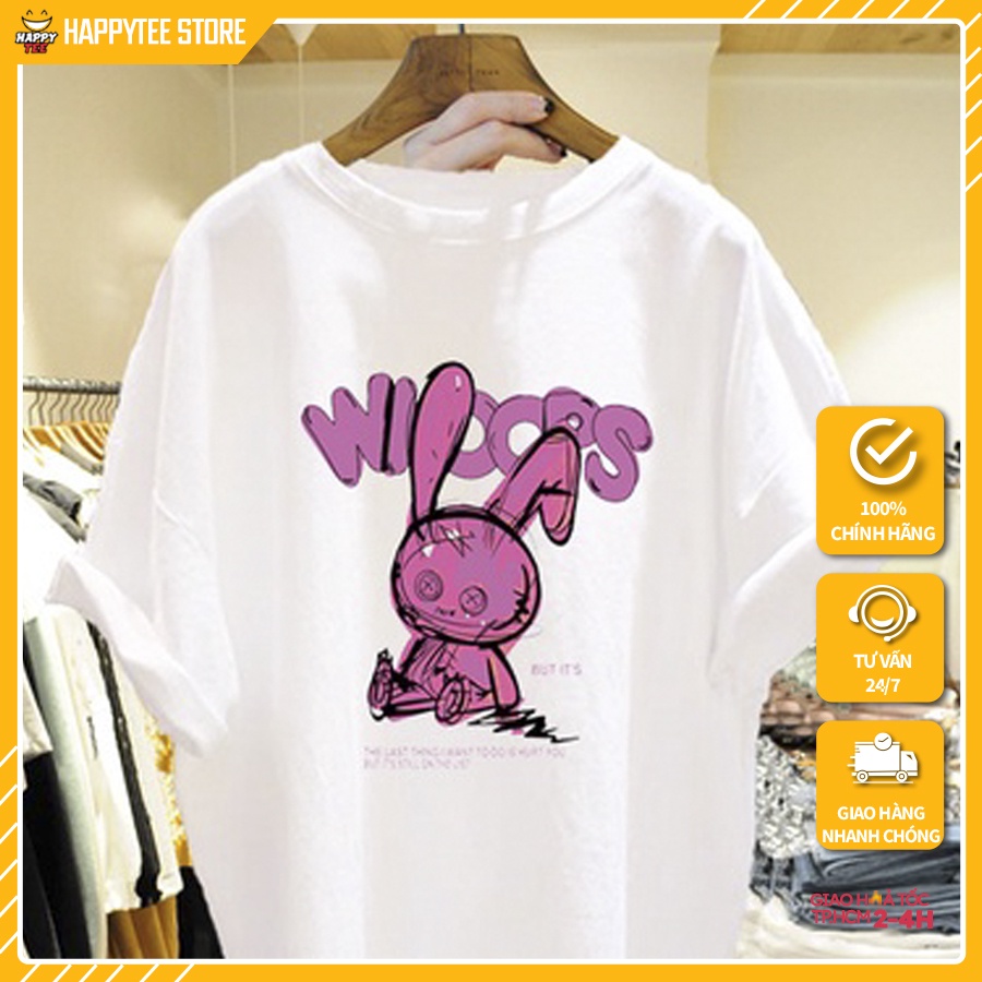 Áo Thun Tay Lỡ Nữ HappyFamily Form Rộng Whoops Graphic Thỏ Chất Cotton 100 Cao Cấp 2 Màu Trắng Đen