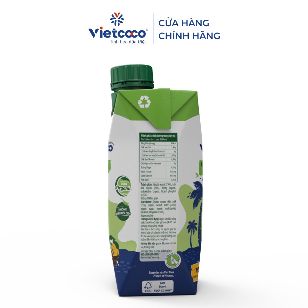 [Combo 6 hộp] Sữa dừa Organic UHT Vietcoco - hộp giấy 330ml