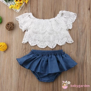 Bộ trang phục 2 món cho bé gái 0-3 tuổi, Áo ren hở vai xù xì + Bộ quần short váy Tutu Denim