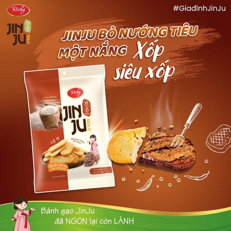 [MUA 3 TẶNG 1] Bánh Gạo JINJU RICHY Vị Bò Nướng Tiêu Gói 134,4g Datet11/2026