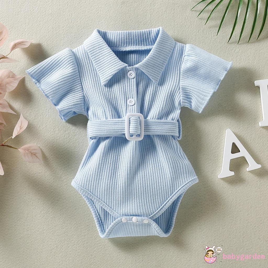 Bộ Áo Liền Quần Cổ Bẻ Màu Trơn Kèm Thắt Lưng Thời Trang Mùa Hè Cho Bé Gái 0-24 Tháng Tuổi