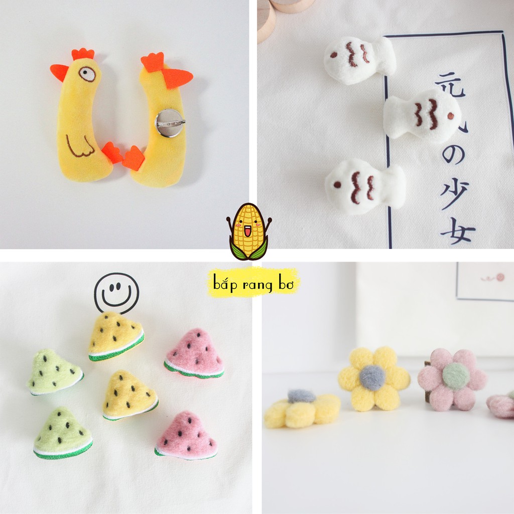 Pin thú bông gà dưa hấu ong cá mèo hoa heo gài túi