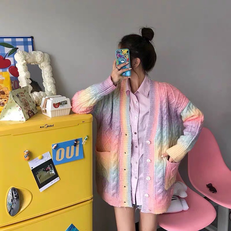 Áo khoác len cardigan dài tay màu cầu vồng Rainbow phong cách ulzzang SAM SAM BOUTIQUE | BigBuy360 - bigbuy360.vn
