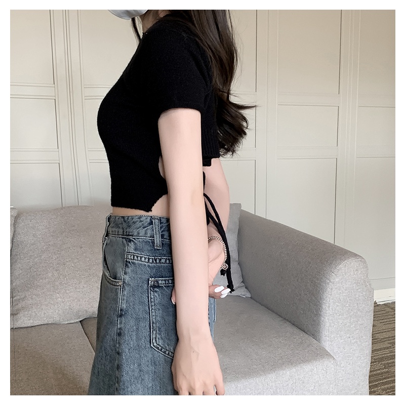 Áo croptop dệt kim SUXI tay ngắn lưng cao cột dây phong cách Hàn Quốc quyến rũ