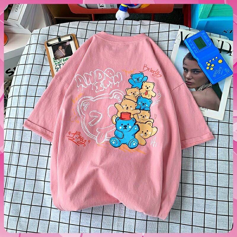 Áo thun unisex tay lỡ dáng rộng - gấu chồng gấu jelly