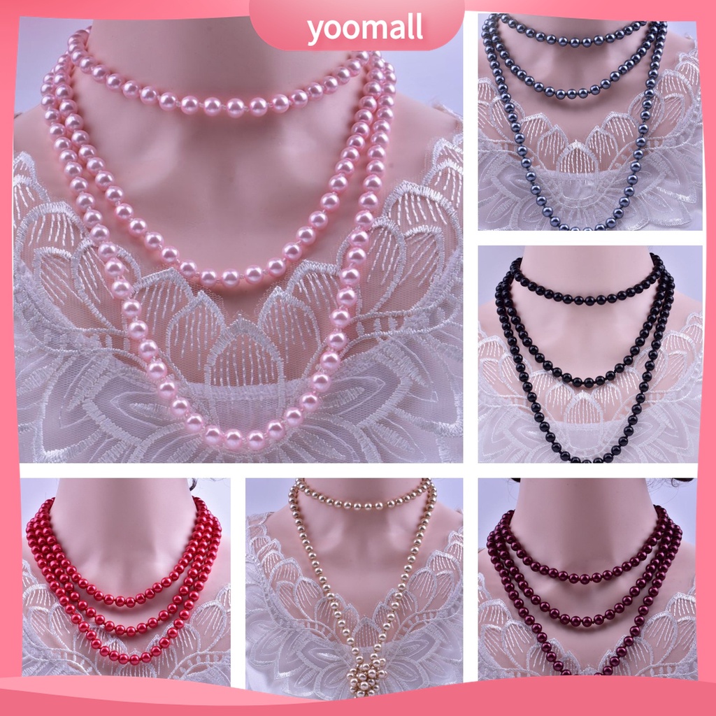 Yoomall Vòng cổ Ngọc Trai Nhân Tạo Dài Quyến Rũ Có Mặt Kính Và Chùm Lông Vũ Cho Kỷ Niệm