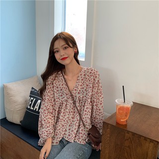 Phong cách hàn quốc phụ nữ phụ nữ voan hoa áo sơ mi baju wanita lengan panjang