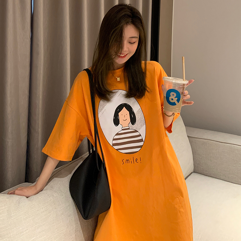 SUXI Đầm midi ngắn tay cổ tròn in họa tiết xinh xắn theo phong cách Hàn Quốc