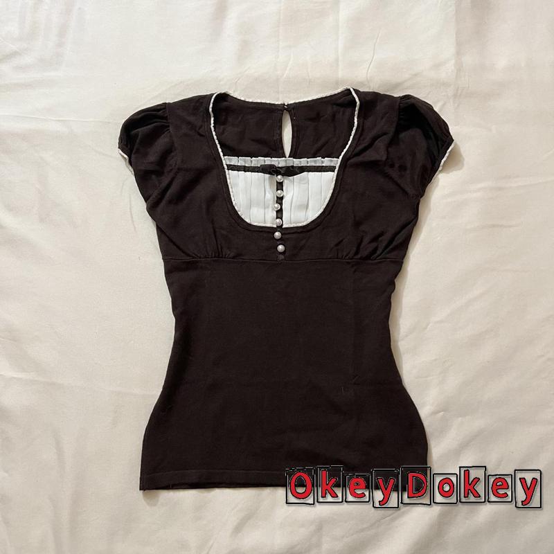 Áo croptop cổ vuông tay phồng đính nơ phong cách Hàn Quốc cổ điển cho nữ Y2K