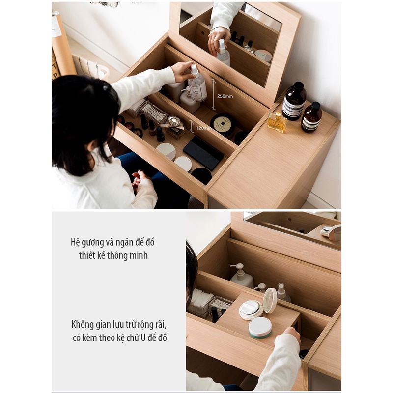 Ảnh Bàn Trang Điểm Có Gương Gấp Gọn, Bàn Phấn Gỗ Kèm Ghế Nhỏ Gọn Thông Minh Dáng Simple KEGODA KGD08 2