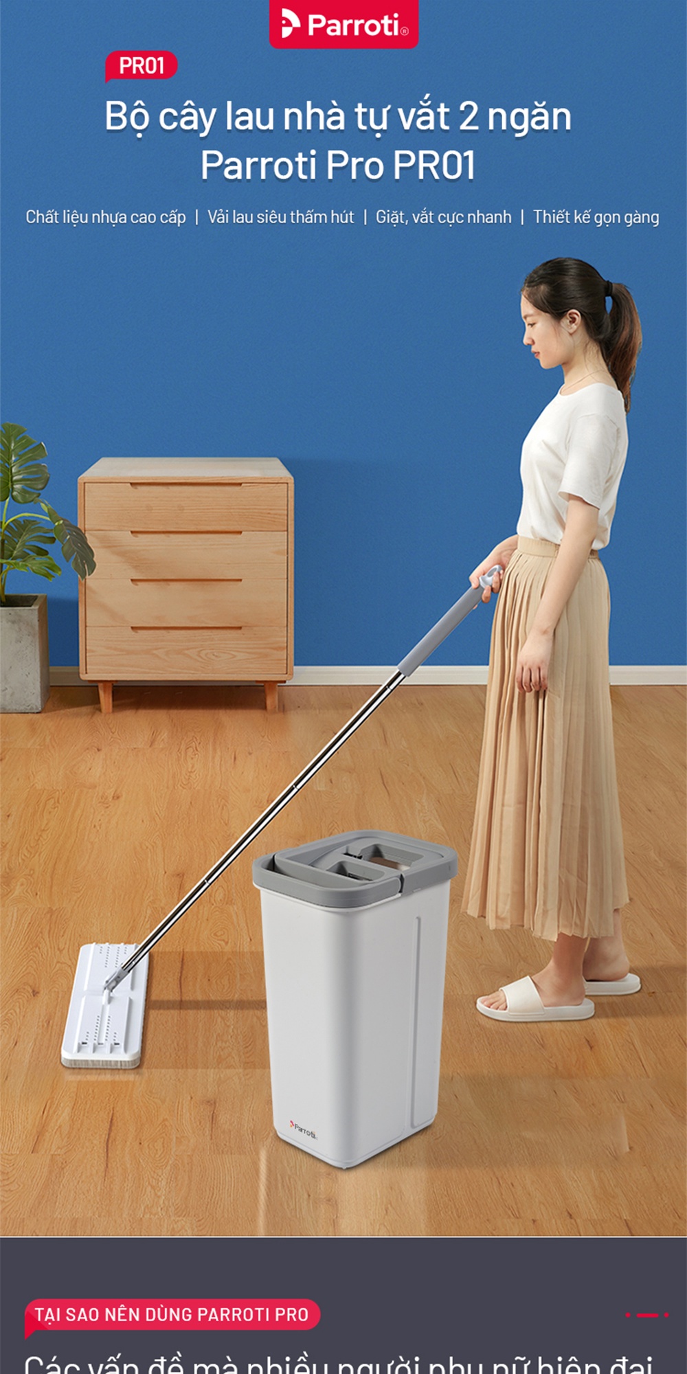 Mô tả Cây lau nhà tự vắt thông minh, lau 360 độ, sàn nhà sạch khô nhanh, Bộ lau nhà có thùng  Parroti Pro PR01 - 1