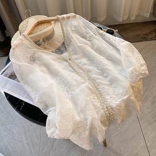 Áo Khoác Cardigan Chiffon Mỏng Tay Dài Cổ Chữ V Thêu Họa Tiết Đính Ngọc Trai Phong Cách Phương Tây Thời Trang Mùa Hè Hàng Mới Dành Cho Bạn Nữ