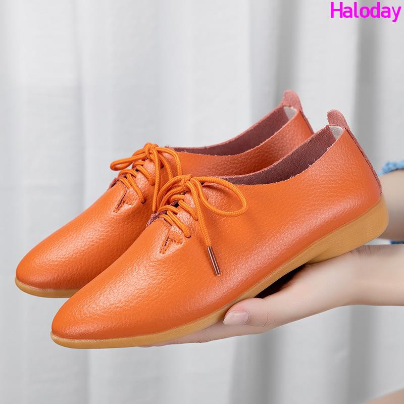 Giày Nữ Size Lớn (35-44) 41 42 43 44✨Phiên Bản Hàn Quốc Ren-Up Da Thật Chính Hãng Giày Trắng Nữ Giày Đế Bằng Mũi Nhọn Sâu Miệng Đế Mềm Giày Sinh Viên Thường Ngày
