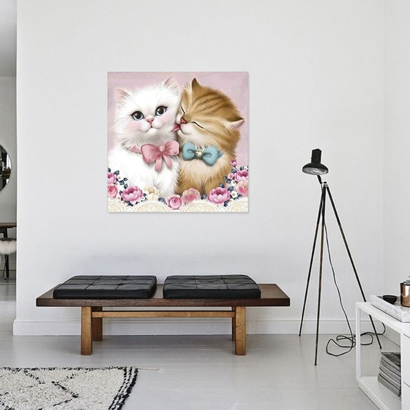 5D Tự Làm Tranh Gắn Đá Cross Stitch Cặp Đôi Mèo Tranh Gắn Đá Tròn Kim Cương Giả Thêu Động Vật