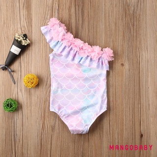 Bộ đồ tắm một mảnh MG-Baby Girls, Đồ bơi in vảy cá không tay, Đồ bơi đường viền cổ hoa xếp nếp