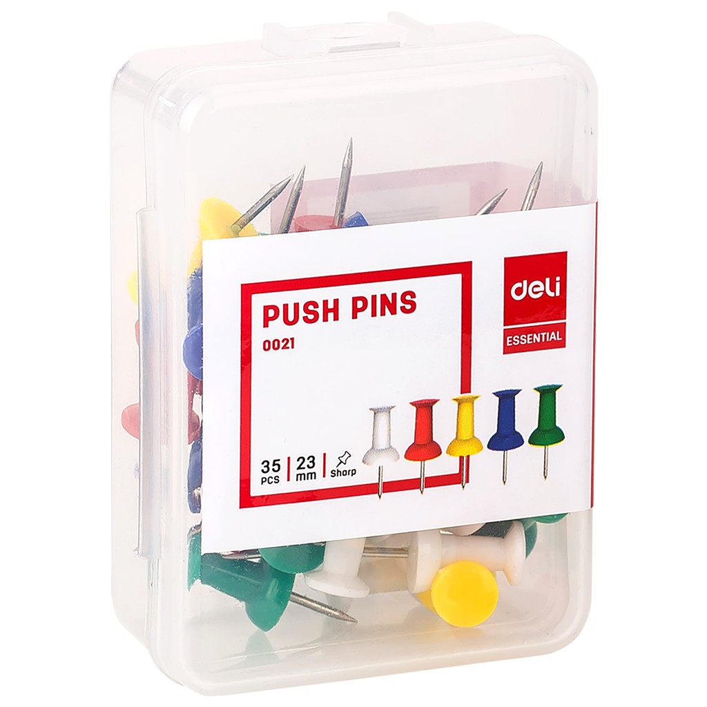 Ghim màu cắm bảng Deli, Đỏ, vàng, xanh, xanh lá, trắng - 35 cái/hộp, 1 hộp E0021