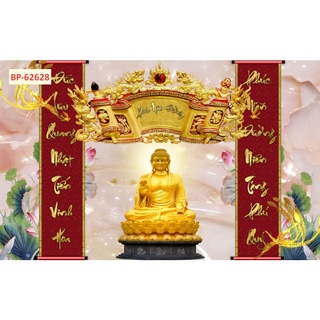 Tranh 3d dán tường bằng vải lụa cao cấp DÁN bàn thờ gia tiên có câu đối cân xứng 2 bên...