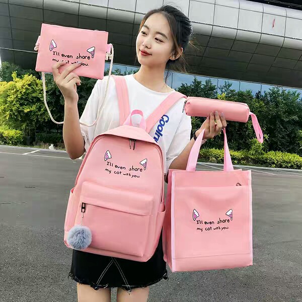 Balo mèo 4in1, set 4 món gồm balo, túi vải tote, túi đeo chéo và hộp bút