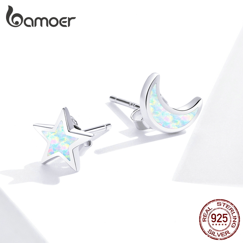 Bamoer Bông Tai bạc 925 Hình Mặt Trăng Và Ngôi Sao Đính Đá opal sce875