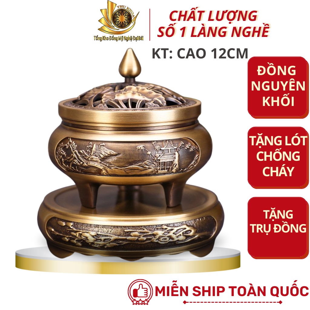 [LOẠI 1] Combo Lư Xông Trầm Bằng Đồng Kèm Đôn Đúc Nguyên Khối Cao 12cm Chạm Trổ Tinh Xảo Đồ Đồng Đại Bái