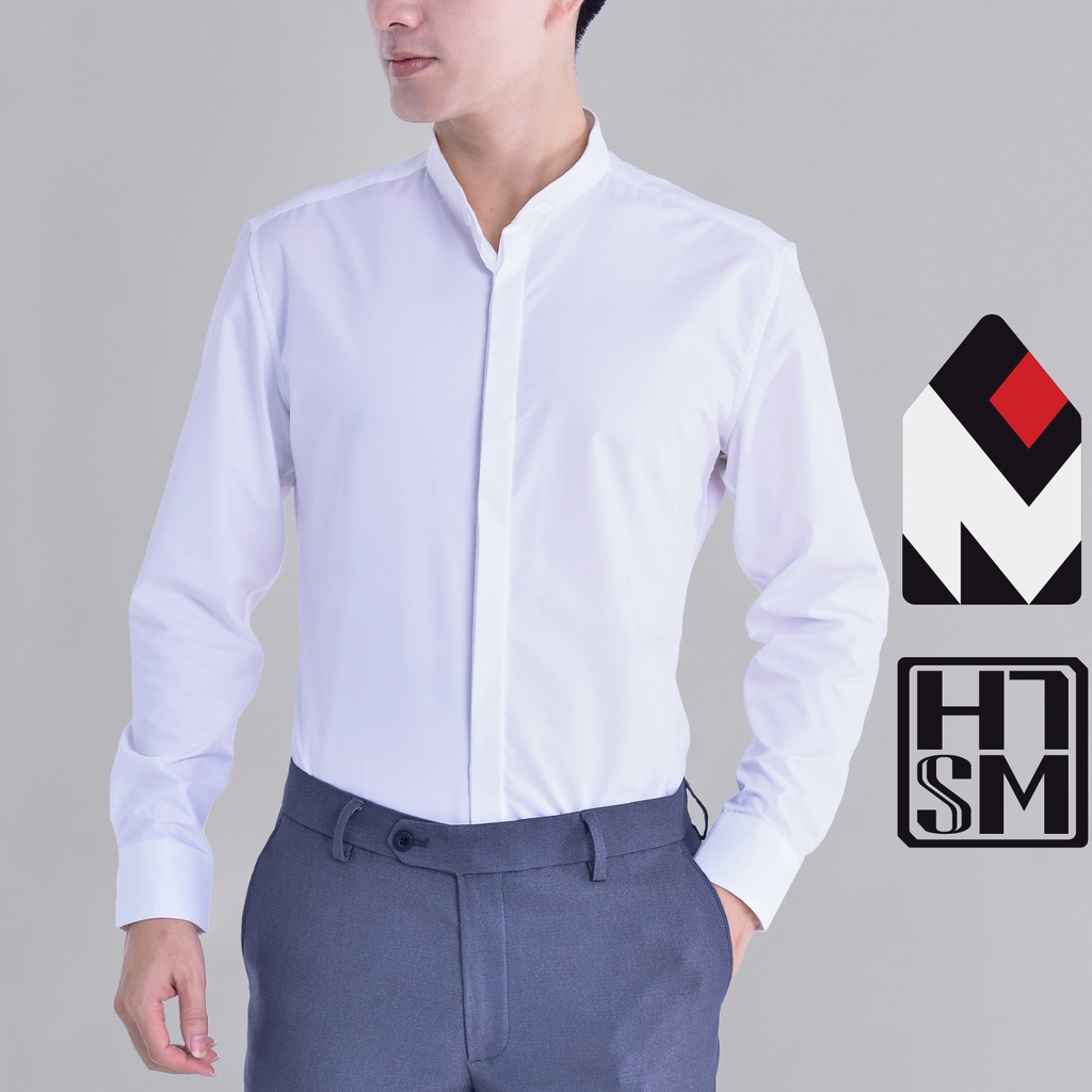 Áo sơ mi CỔ TÀU nam dài tay HTSM MAGNOR Malin vải Polyspun trơn chống nhăn, dáng slimfit che khuy