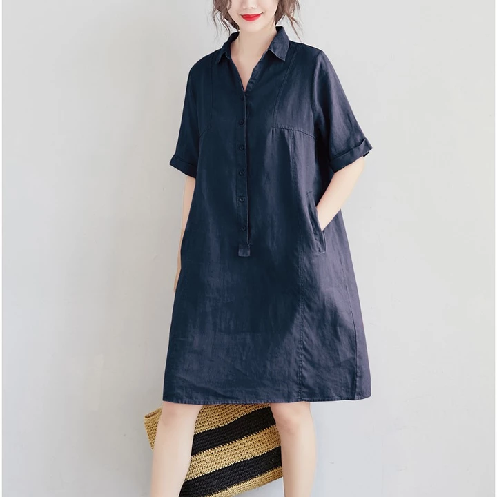 Đầm suông nữ Linen - Cổ đức, 2 túi bổ cơi, vải Linen bột Premium, form váy suông không kén dáng - DS29