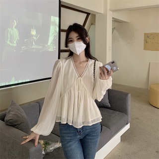 Hàng Mới Về Áo Chiffon Cổ Chữ V Xếp Ly Tay Dài Dáng Rộng Phong Cách Hàn Quốc Dành Cho Nữ Hàng Mới