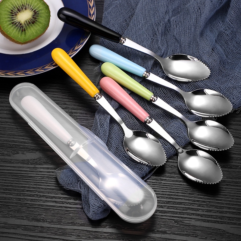 Ảnh Thìa ăn trái cây inox cán sứ có hộp đựng Yeahcook 2