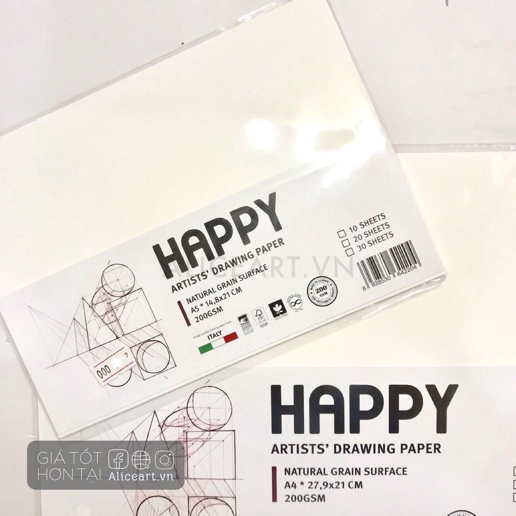 Tập Giấy Vẽ Chì HAPPY Lẻ, vẽ màu bt, màu nước, gouache, poster 160-200GSM/A6- 300GSM SALE